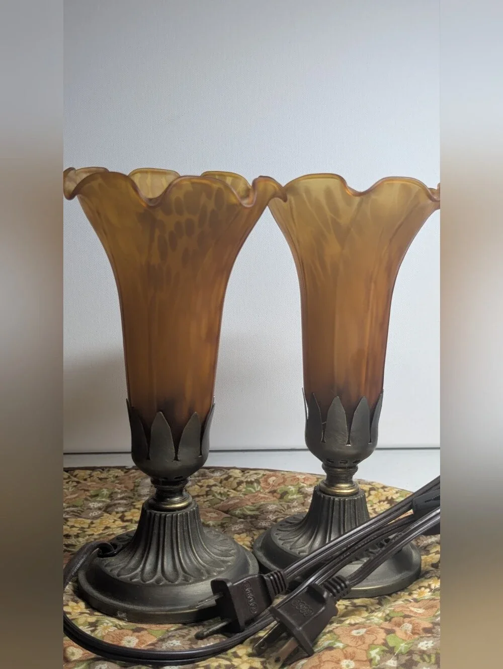 Vintage Amber Glass Pond Lily Tulip Trumpet Table Lamps